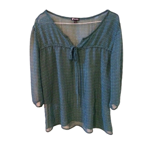 Sheer Blouse Lily White Green & Black Zig Zag Checkered Designed Tie V Neck  L - Picture 1 of 8